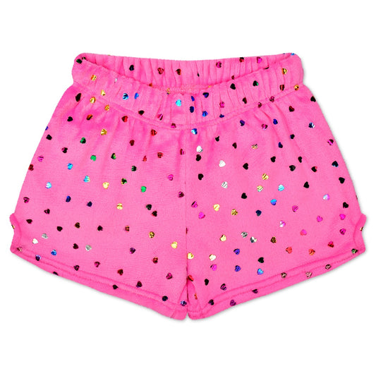 Plush Shorts | Bright Pink Foil Hearts
