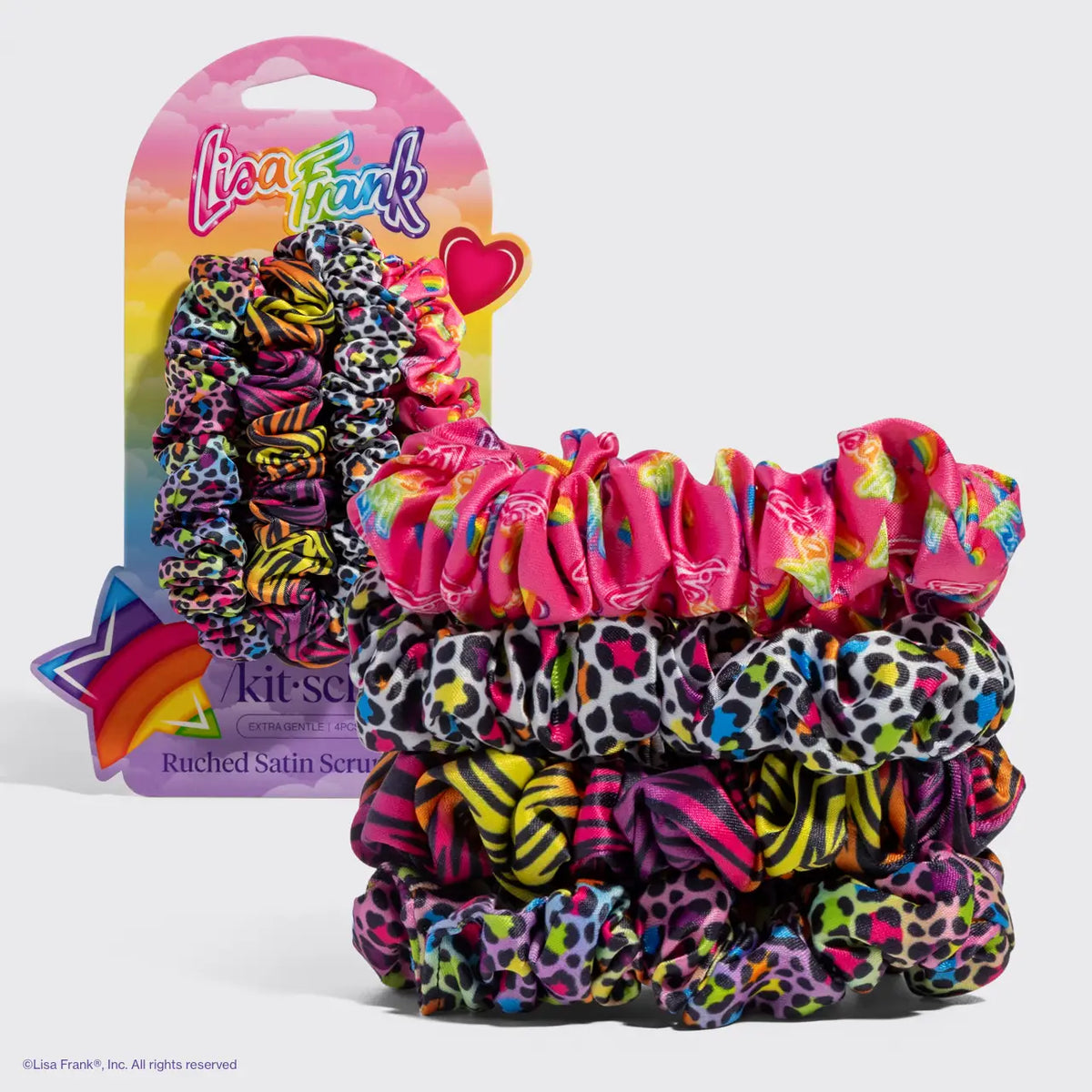 Lisa Frank X Kitsch Ruched Satin Scrunchies | Rainbow Leopard