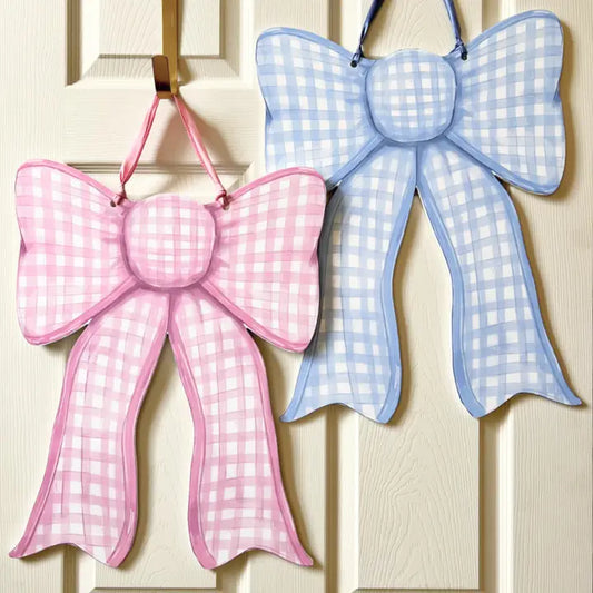 Double Sided Door Hanger | Gingham Bow | Blue/Pink