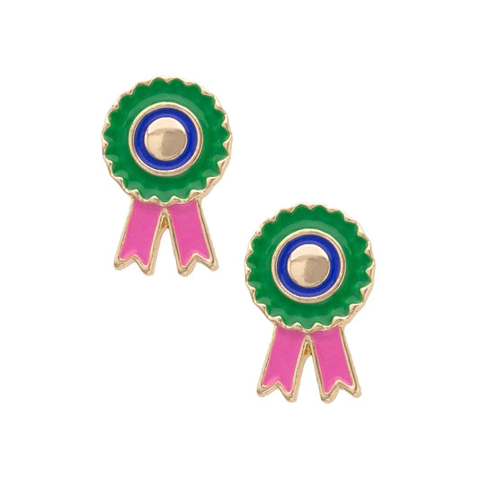 Prize Winning Ribbon Enamel Stud Earrings in Green & Pink
