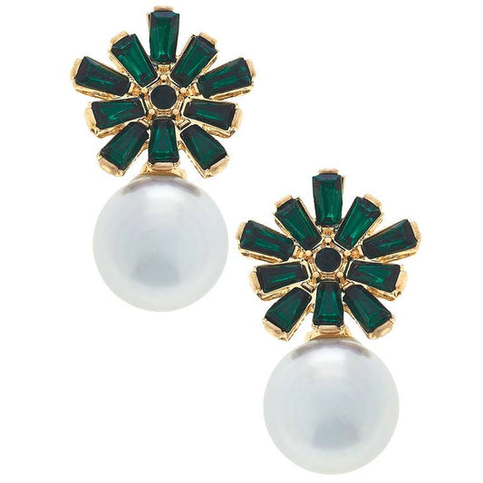 Evelyn Rhinestone & Pearl Drop Earrings in Emerald