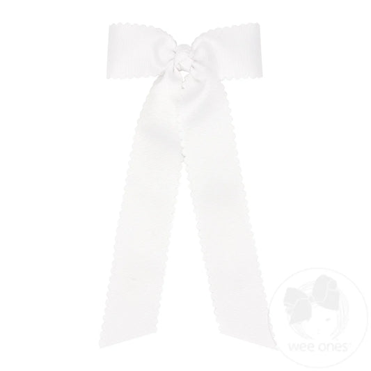 Medium Grosgrain Bowtie with Scalloped Edge and Streamer Tail | White