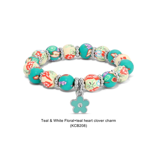 Kids Clay Bracelet-Teal & White Floral w/ Teal Flower