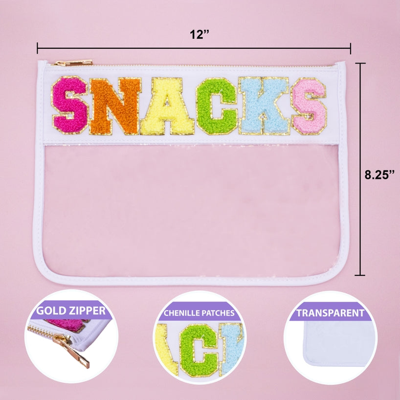 Large Clear Chenille Letter Patch Pouch | Snacks | White