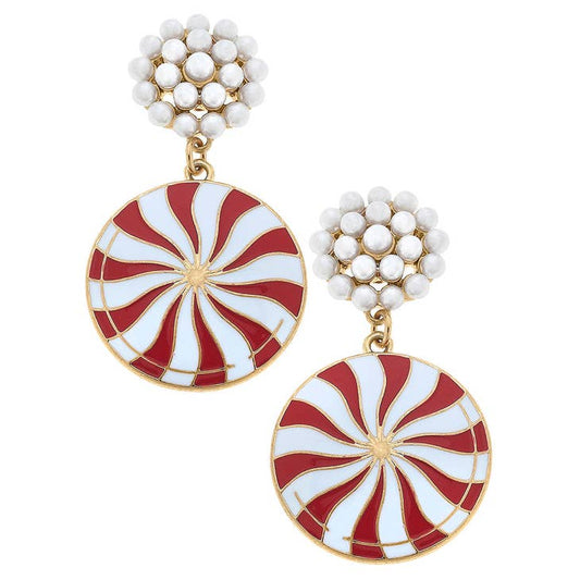 Peppermint Candy Enamel Earrings in Red and White