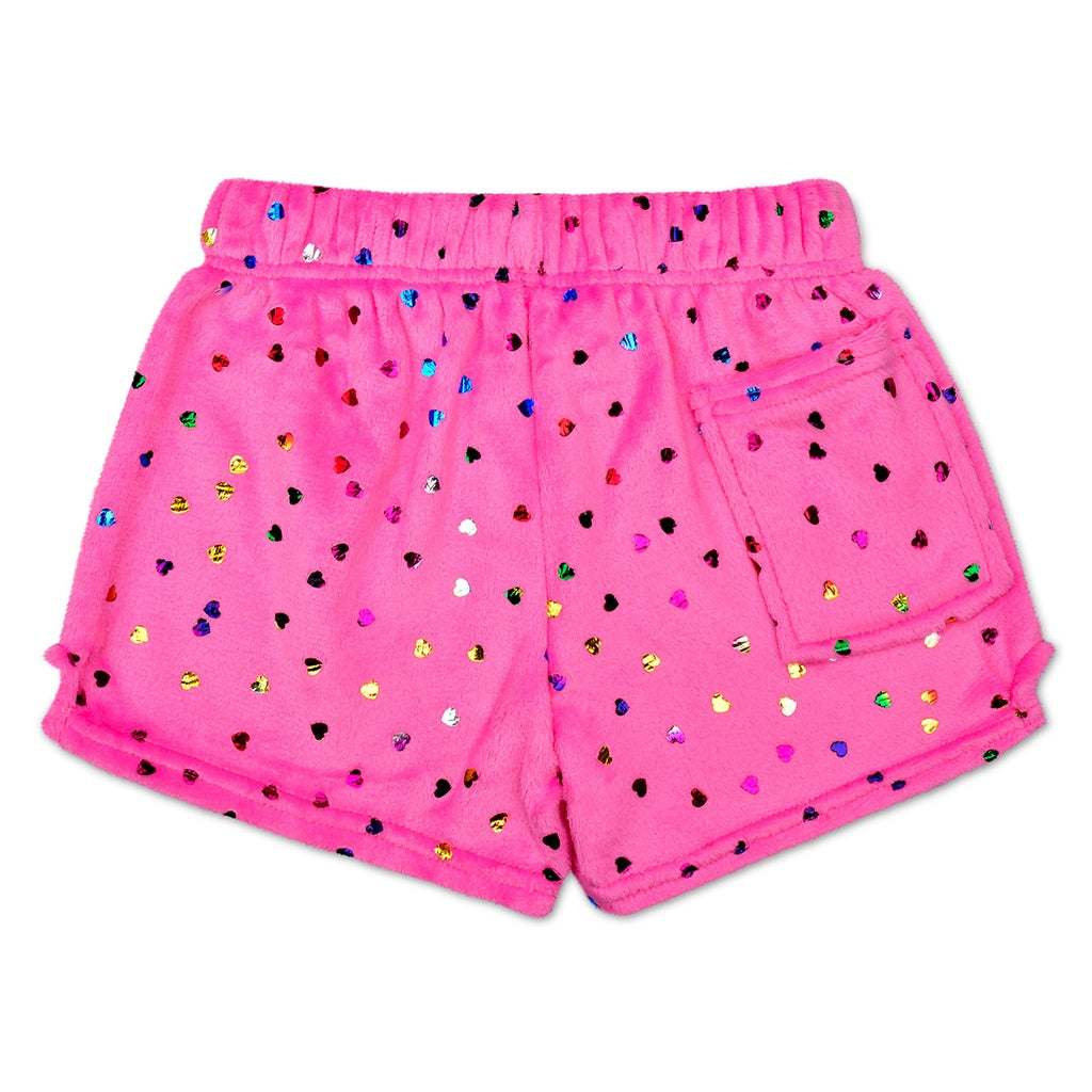 Plush Shorts | Bright Pink Foil Hearts