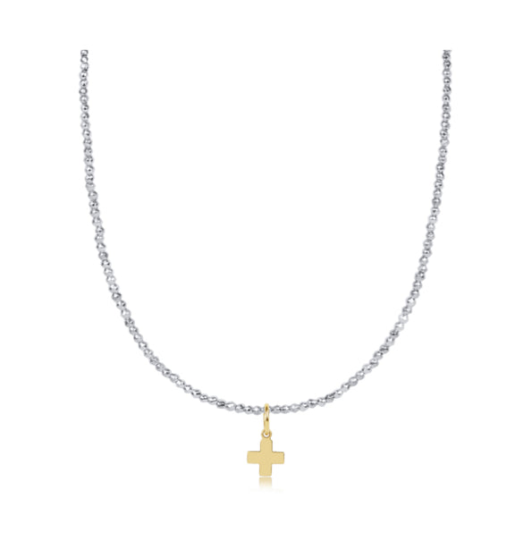 15" Choker Bright Silver Faceted Hematite 2mm Bead | Signature Cross Gold Charm