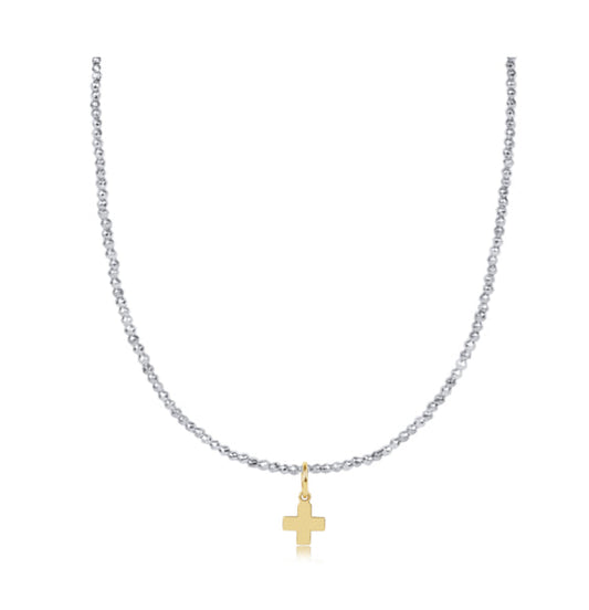 15" Choker Bright Silver Faceted Hematite 2mm Bead | Signature Cross Gold Charm