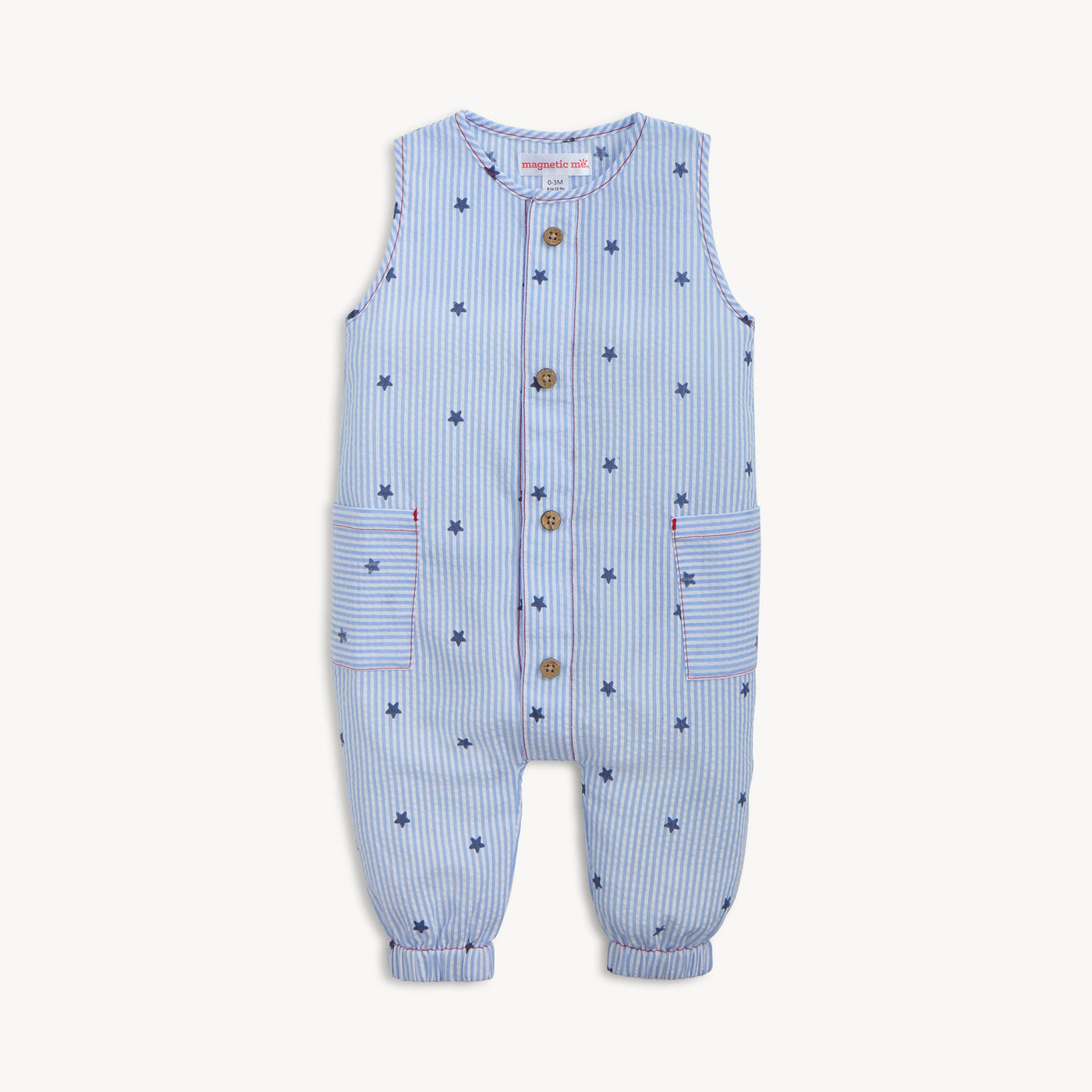 Magnetic Me Sleeveless Pant Romper | Seersucker Stripe & Stars