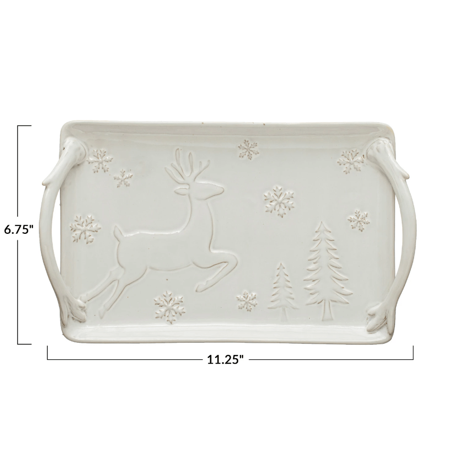 Debossed Stoneware Tray with Deer, Snowflakes & Trees