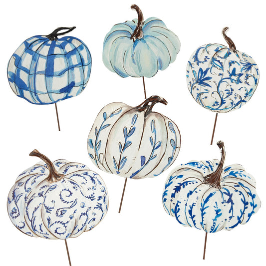 Metal Stake/Decor | Blue & White Pumpkins | Assorted Styles