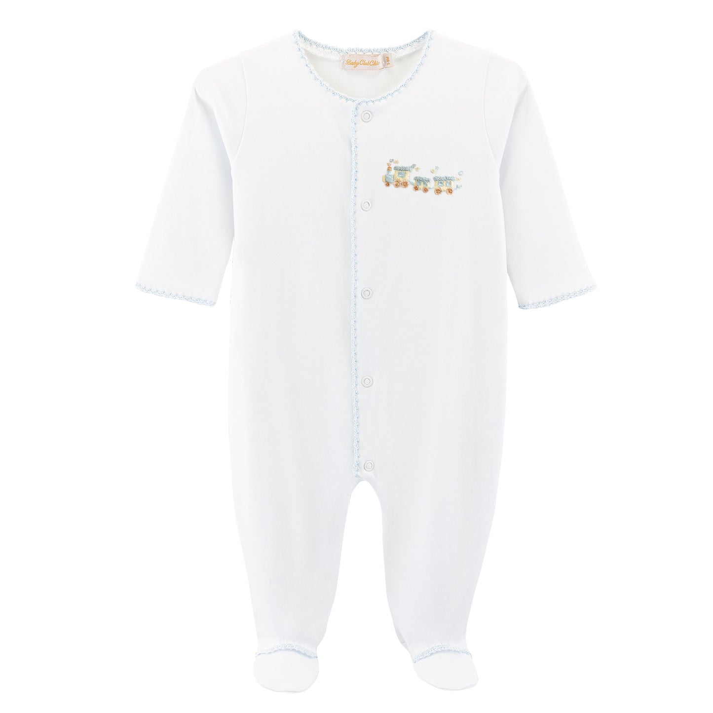 Embroidered Footie w/ Crochet Trim - Little Train