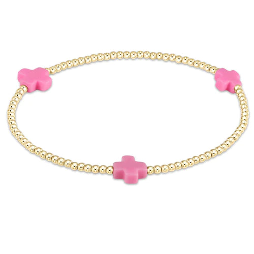 egirl | Signature Cross Small Gold 2mm Bead Bracelet | Bright Pink