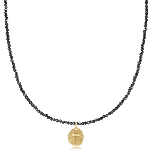 15" Choker Faceted Hematite 2mm Bead | Inspire Small Gold Charm