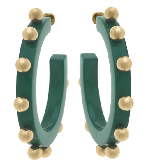 Kelley Studded Metal and Resin Hoop Earrings in Green