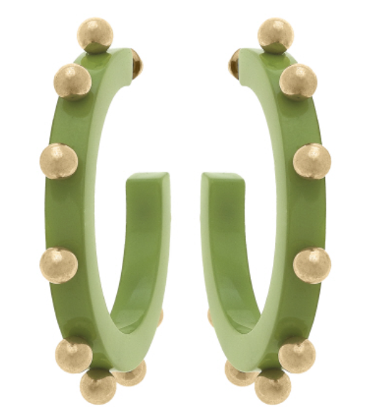 Kelley Studded Metal and Resin Hoop Earrings in Lime Green