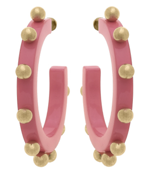 Kelley Studded Metal and Resin Hoop Earrings in Bubble Gum