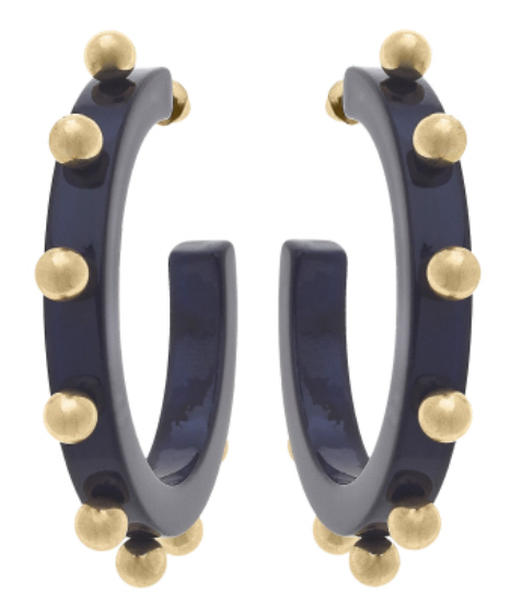 Kelley Studded Metal and Resin Hoop Earrings in Navy