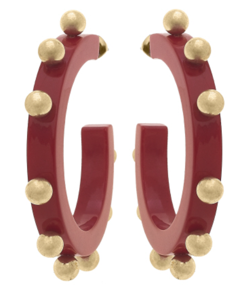 Kelley Studded Metal and Resin Hoop Earrings in Red