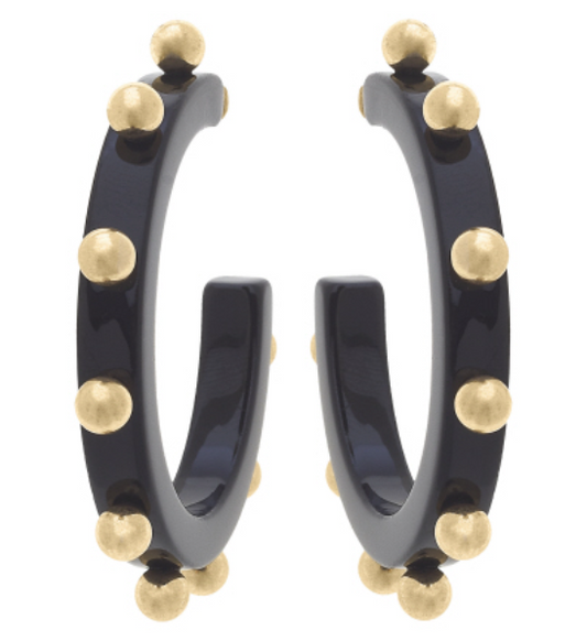 Kelley Studded Metal and Resin Hoop Earrings in Black