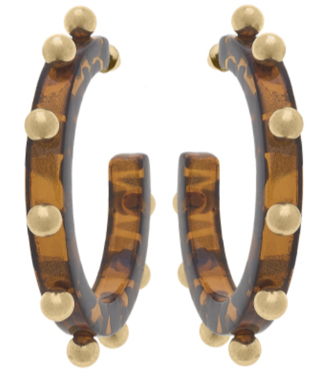 Kelley Studded Metal and Resin Hoop Earrings in Tortoise