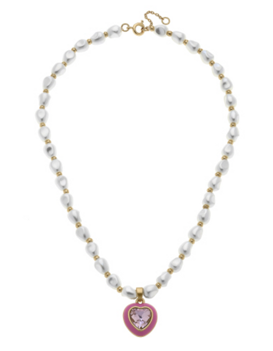 Madeleine Pearl & Heart Children's Necklace in Pink