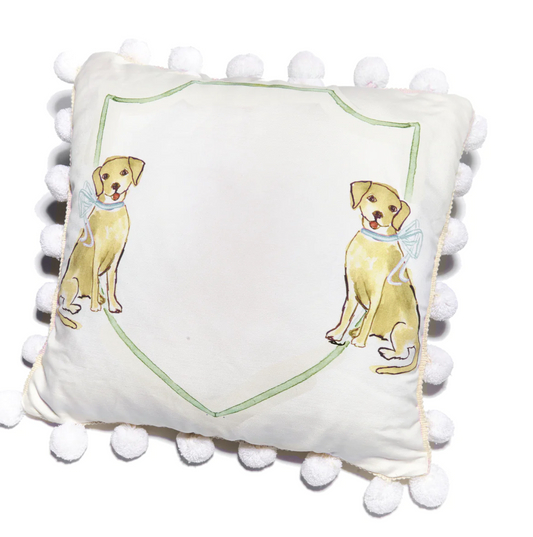 Yellow Dog with Blue Bow and Pompom Trim