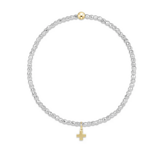egirl | Bright Silver Faceted Hematite 2mm Bead Bracelet | Signature Cross Gold Charm