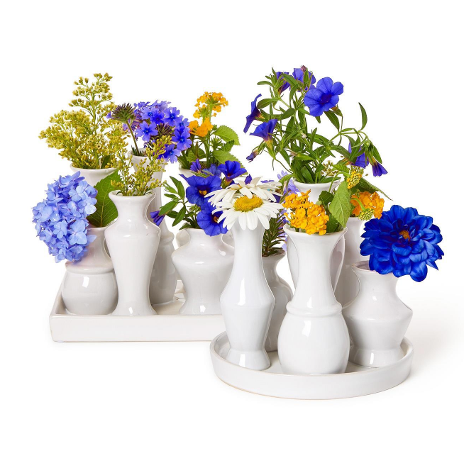 White Glaze Multi Vase with 6 Sections on Platform | Assorted Styles