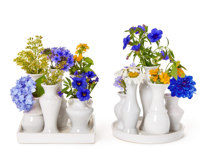 White Glaze Multi Vase with 6 Sections on Platform | Assorted Styles