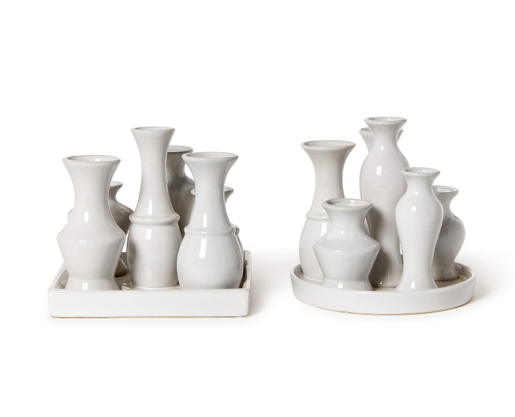 White Glaze Multi Vase with 6 Sections on Platform | Assorted Styles
