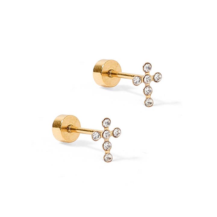 Screwback Stud Earrings | Clara Cross Gold Sparkle