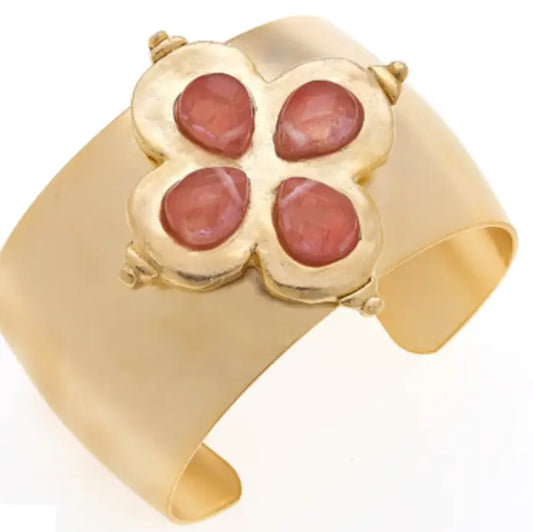 Handcast Gold Clover with Genuine Cherry Quartz Stone Cuff