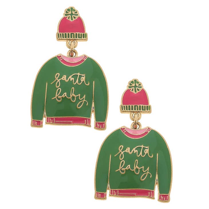 Santa Baby Sweater Enamel Earrings in Green and Fuchsia