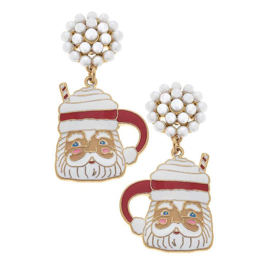 Santa Mug Enamel Earrings in Red and White