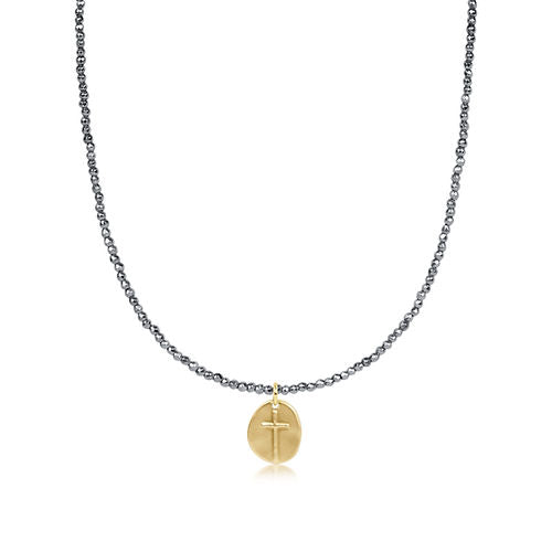 15" Choker Silver Faceted Hematite 2mm Bead | Inspire Small Gold Charm
