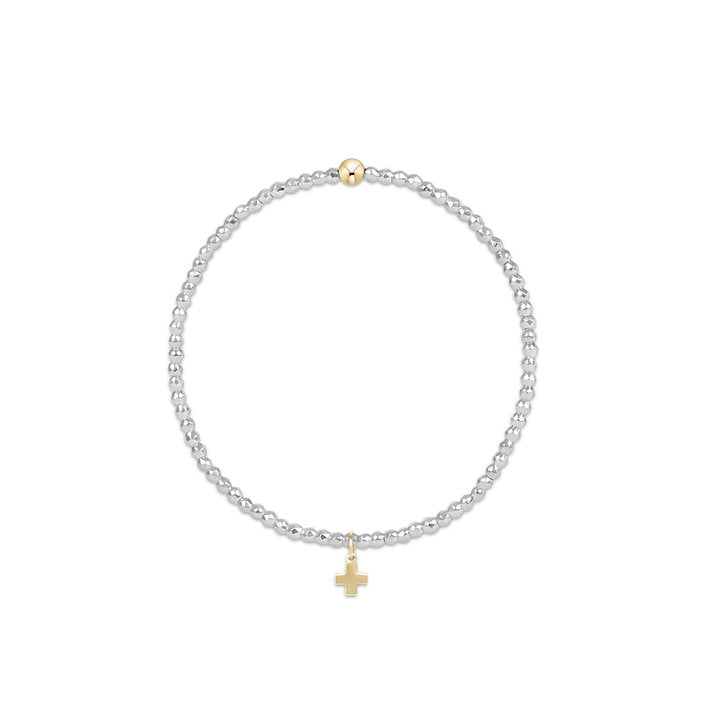 Extends | Bright Silver Faceted Hematite 2mm Bead Bracelet | Signature Cross Gold Charm