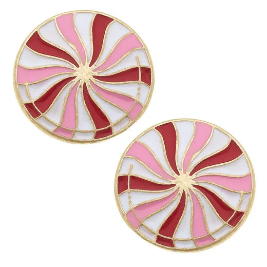 Peppermint Candy Enamel Stud Earrings | Pink & Red Stripes