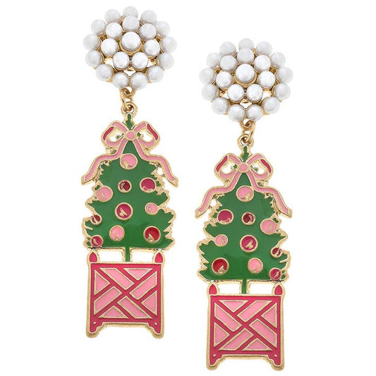 Christmas Tree Topiary Enamel Earrings in Green and Pink