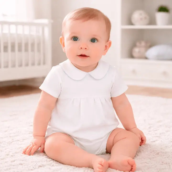 Baby Boy White with Blue Trim Collared Bubble