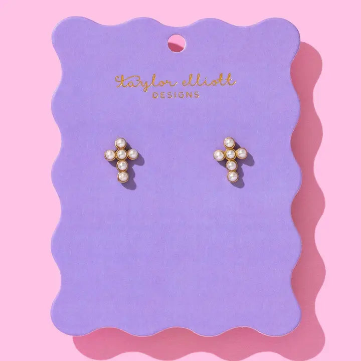Stud Earrings | Gold-Plated Pearl Crosses | Faith