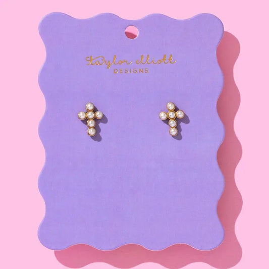 Stud Earrings | Gold-Plated Pearl Crosses | Faith
