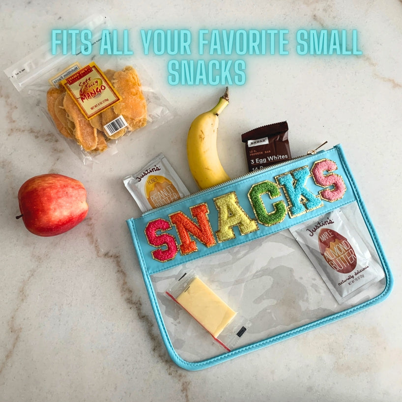 Large Clear Chenille Letter Patch Pouch | Snacks | Blue