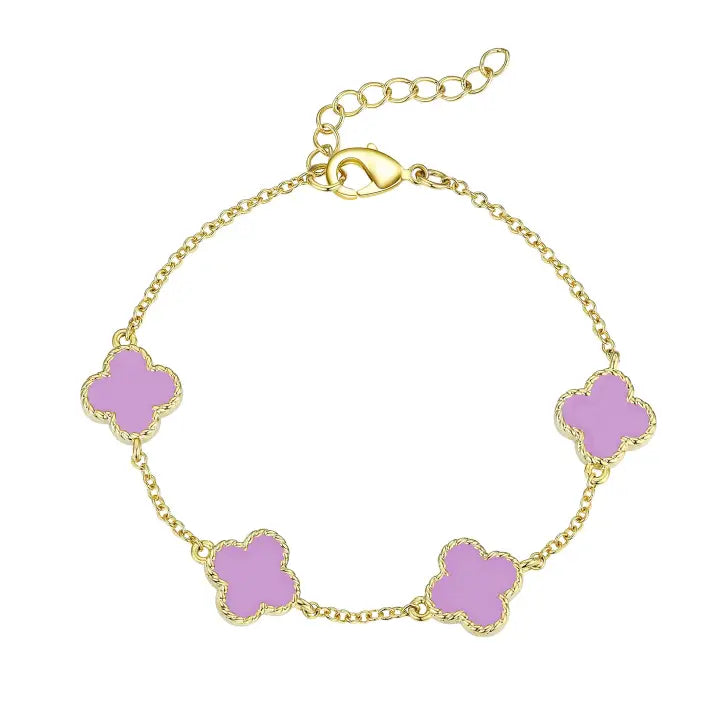 Link Bracelet | Gold | Four Leaf Clover | Purple