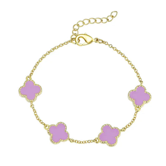 Link Bracelet | Gold | Four Leaf Clover | Purple