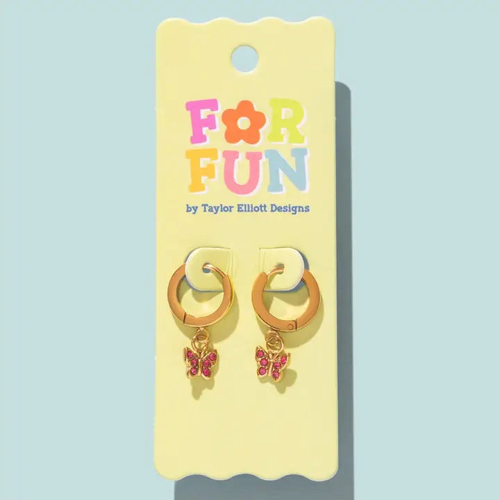 Huggie Earrings | Hoops + Pink Butterflies