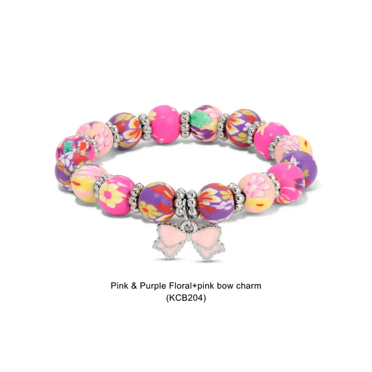 Kids Clay Bracelet -Pink & Purple Floral w/ Pink Bow