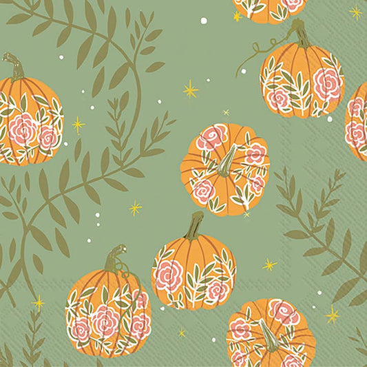 Paper Cocktail Napkins | Pumpkins with Roses Green