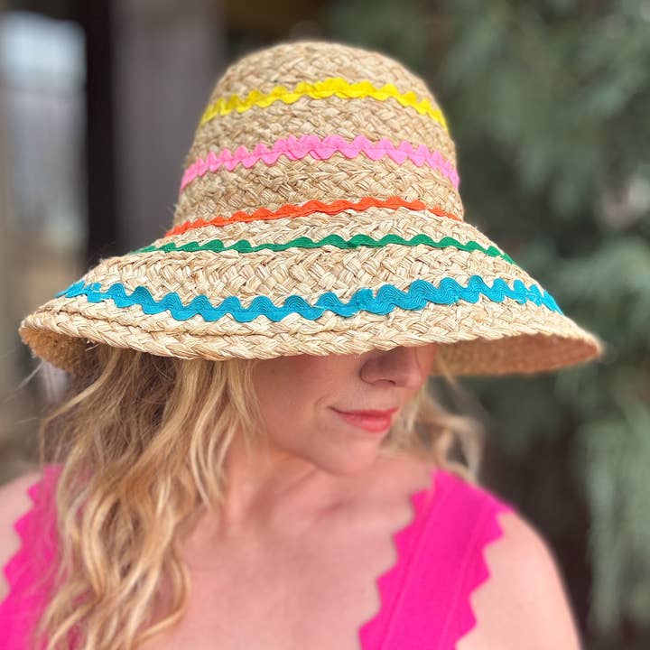 Raffia Bucket Hat | Colorful Ric Rac Ribbon Trim