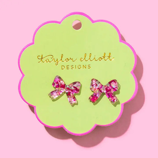 Stud Earrings | Pink + Silver Confetti Acrylic Bows